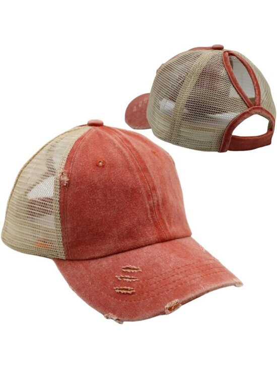〽️Women Light Orange High Ponytail Baseball Cap Trucker Bad Hair Day Adjustable